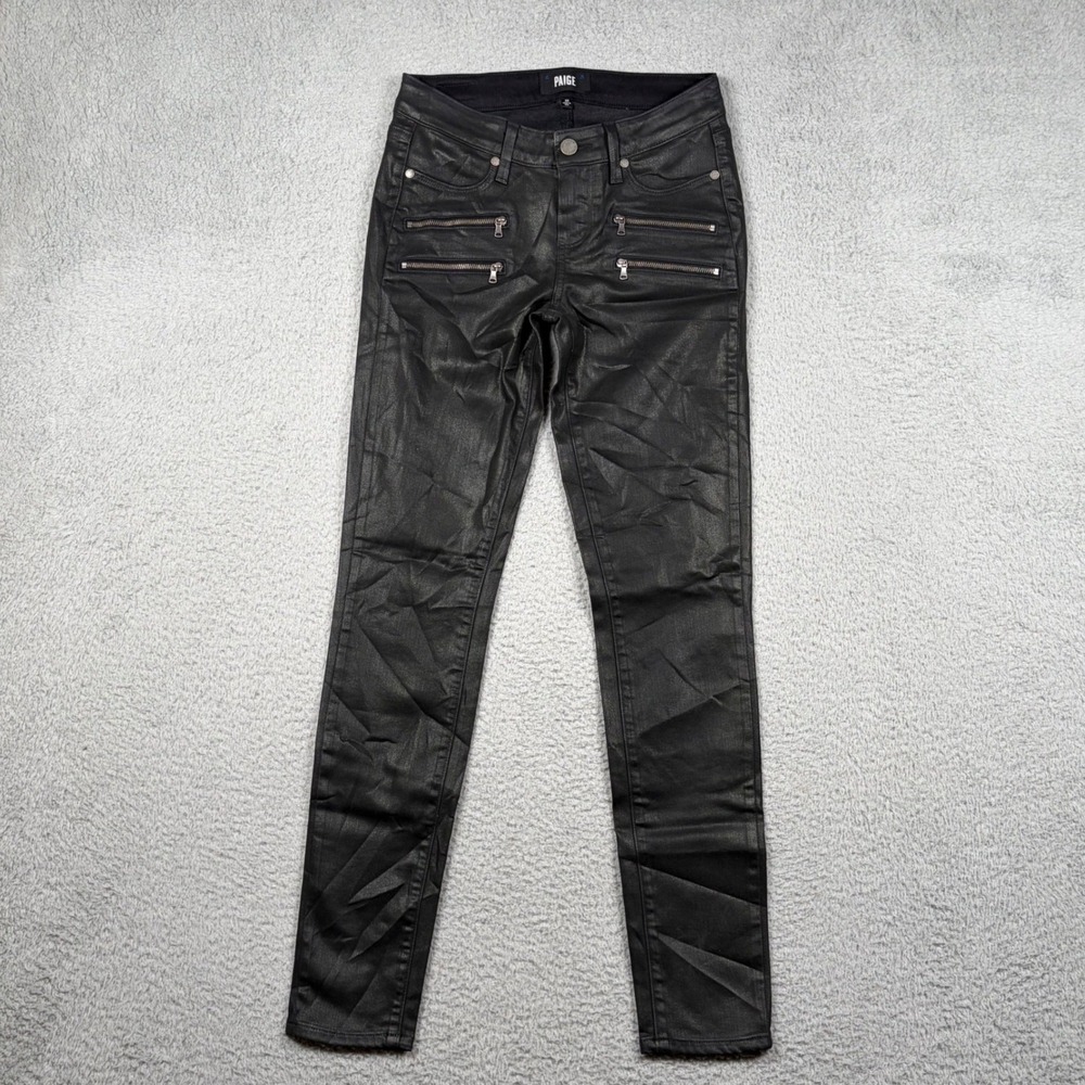 Paige Edgemont Black Silk Coated Skinny Moto Zipper Women Jean 26 USA Biker Goth